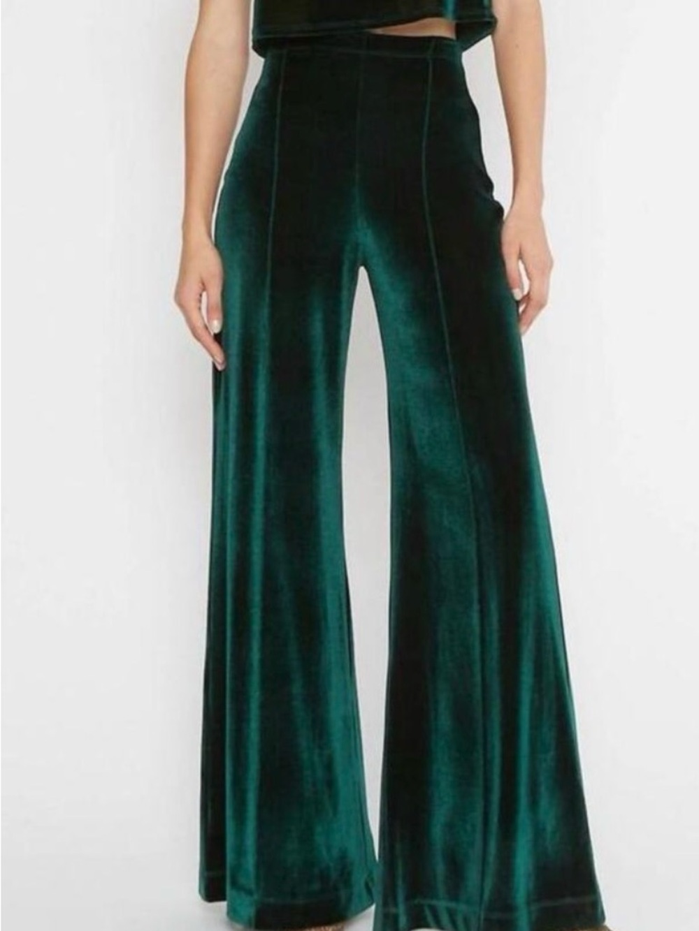 Riley Rader High-Waist Velvet Wide-Leg Pants in Deep Green